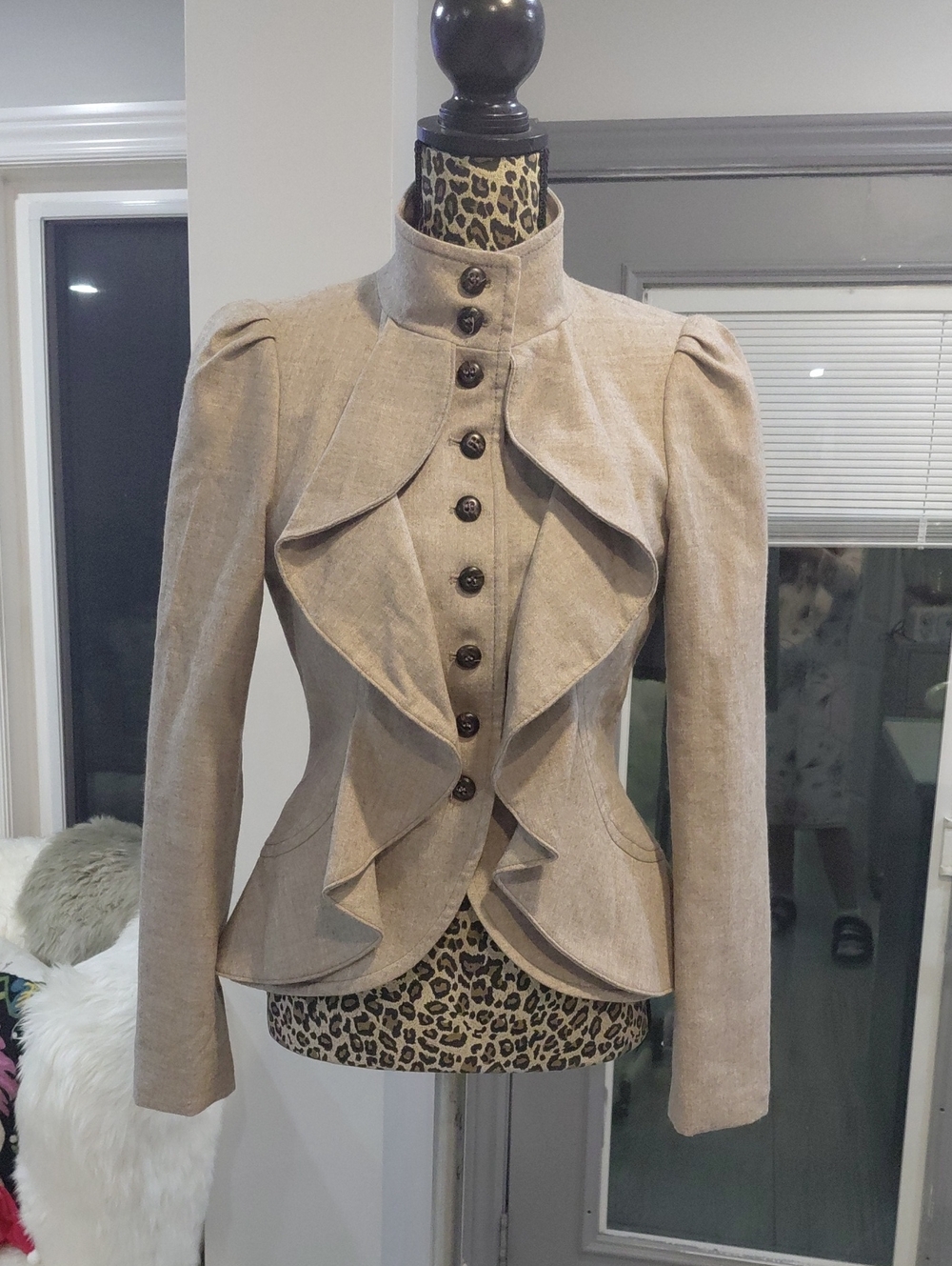 iris Beige Wool Ruffle-Front Tailored Blazer